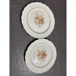 Vintage Canonsburg Floral Plates Set of 2 – 9" Scalloped Gold Trim – 1950s